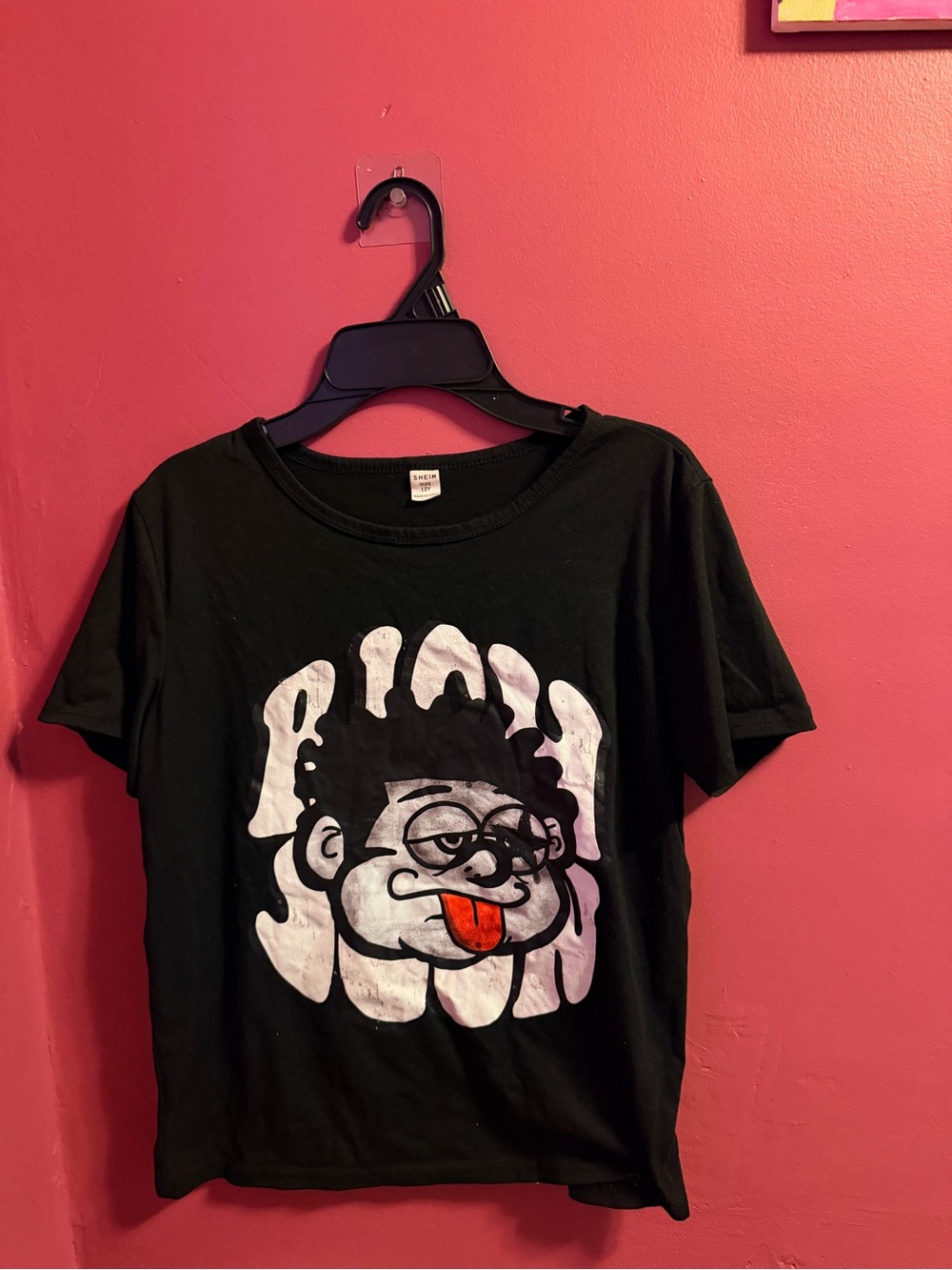 SHEIN Black Short Sleeve Tee with White Cartoon Face and Orange Tongue